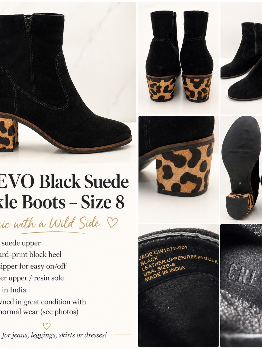 Crevo Black Suede Ankle Boots with Leopard-Print Block Heel